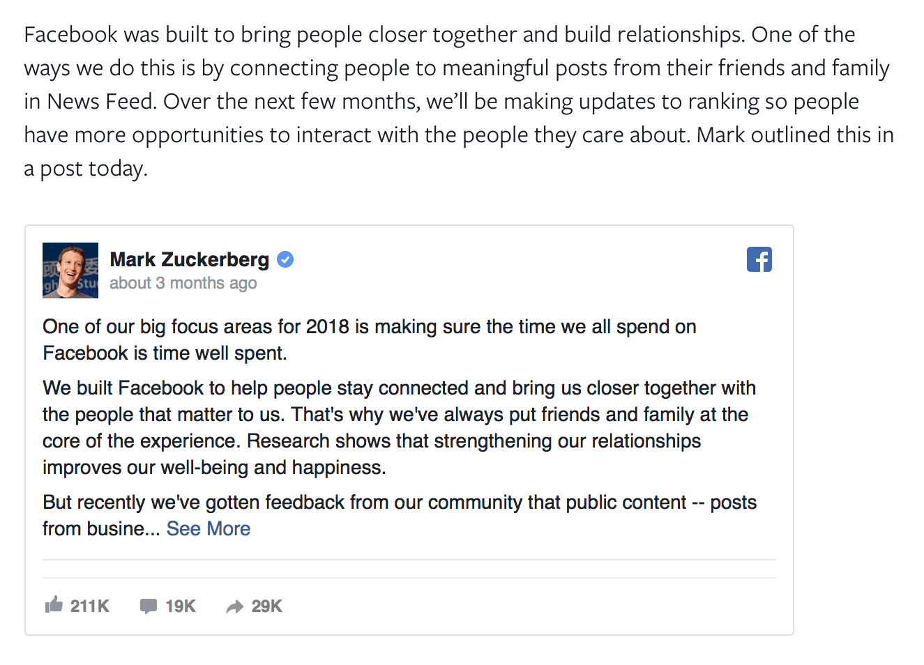 Ils veulent aider les utilisateurs de Facebook à avoir plus d'interactions significatives sur la plateforme en s'assurant qu'ils voient du contenu de la famille, des amis et du contenu de marque pertinent.