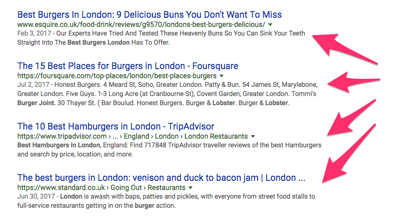 Ces résultats d'une recherche Google pour les meilleurs hamburgers à Londres  montrent des méta descriptions efficaces en action.