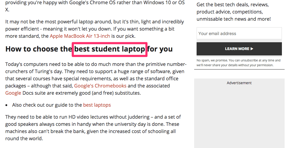 Mais plus important encore, il l'utilise dans la sous-rubrique "comment choisir le meilleur ordinateur portable étudiant pour vous."