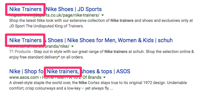 Cette recherche de chaussures de sports Nike  montre à quel point il est important d'avoir le mot-clé au début du titre.