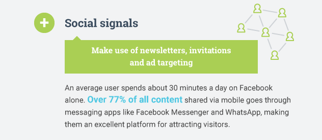 Si vous n'avez pas encore de partage social sur votre site, il est temps de l'ajouter. Selon WebCEO , ces signaux sociaux sont la clé du succès SEO.