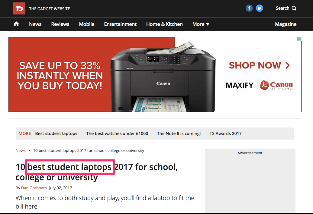 L'article du site Web du gadget «10 meilleurs ordinateurs portables pour étudiants 2017 pour l'école, le collège ou l'université» inclut l'expression «meilleurs ordinateurs portables pour étudiants» dans le titre.